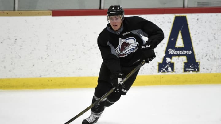 CENTENNIAL, CO - SEPTEMBER 23: Tyson Barrie (4) of the Colorado Avalanche carries the puck up ice during the first day of training camp at Family Sports Ice Arena in Centennial, Colorado on September 23, 2016. (Photo by Seth McConnell/The Denver Post via Getty Images)