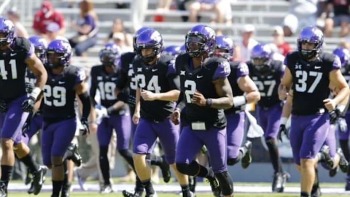 Oct 4, 2014; Fort Worth, TX, USA; TCU Horned Frogs quarterback Trevone Boykin (2) takes the field prior to the game against the Oklahoma Sooners at Amon G. Carter Stadium. Mandatory Credit: Matthew Emmons-USA TODAY Sports Oct 4, 2014; Fort Worth, TX, USA; TCU Horned Frogs quarterback Trevone Boykin (2) takes the field prior to the game against the Oklahoma Sooners at Amon G. Carter Stadium. Mandatory Credit: Matthew Emmons-USA TODAY Sports