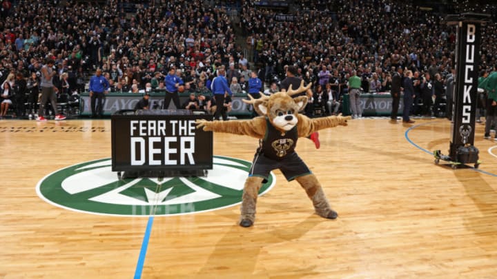 Milwaukee, WI - APRIL 20: Milwaukee Bucks mascot, Bango gets the crowd into Game Three of the Eastern Conference Quarterfinals against the Toronto Raptors of the 2017 NBA Playoffs on April 20, 2017 at the BMO Harris Bradley Center in Milwaukee, Wisconsin. NOTE TO USER: User expressly acknowledges and agrees that, by downloading and or using this Photograph, user is consenting to the terms and conditions of the Getty Images License Agreement. Mandatory Copyright Notice: Copyright 2017 NBAE (Photo by Gary Dineen/NBAE via Getty Images)