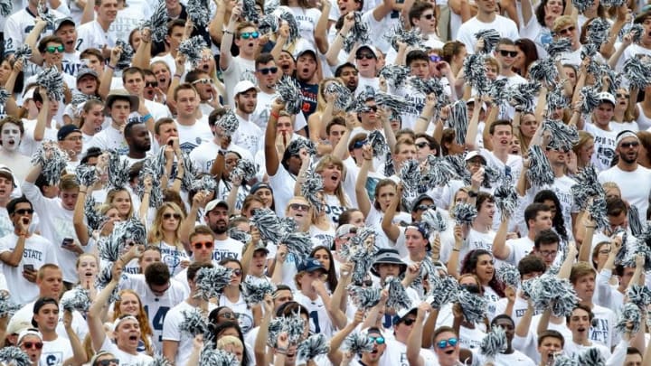 Sep 17, 2016; University Park, PA, USA; Penn State University students wave their pompoms during the fourth quarter against the Temple Owls at Beaver Stadium. Penn State defeated Temple 34-27. Mandatory Credit: Matthew O