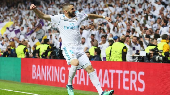 MADRID, SPAIN - MAY 01: Karim Benzema of Real Madrid celebrates as he scores his sides second goal during the UEFA Champions League Semi Final Second Leg match between Real Madrid and Bayern Muenchen at the Bernabeu on May 1, 2018 in Madrid, Spain. (Photo by Catherine Ivill/Getty Images)