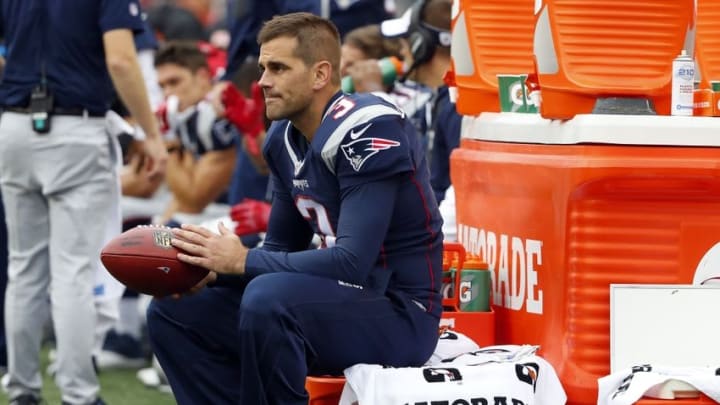 Oct 2, 2016; Foxborough, MA, USA; New England Patriots kicker Stephen Gostkowski (3) sits along the sidelines during the second half of the Buffalo Bills 16-0 win over the New England Patriots at Gillette Stadium. Mandatory Credit: Winslow Townson-USA TODAY Sports