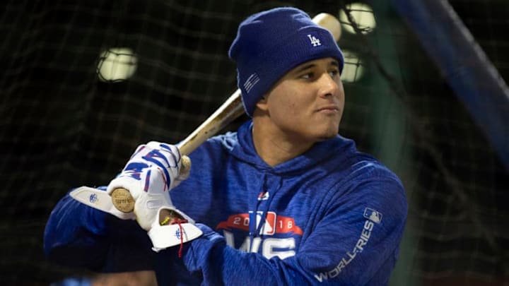 BOSTON, MA - OCTOBER 24: Manny Machado #8 of the Los Angeles Dodgers takes batting practice prior to Game 2 of the 2018 World Series against the Boston Red Sox at Fenway Park on Wednesday, October 24, 2018 in Boston, Massachusetts. (Photo by Rob Tringali/MLB Photos via Getty Images)