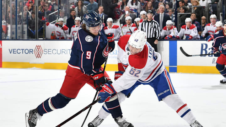 COLUMBUS, OH - JANUARY 18: Artturi Lehkonen #62 of the Montreal Canadiens disrupts Artemi Panarin #9 of the Columbus Blue Jackets as he attempts to shoot the puck during the first period of a game on January 18, 2019 at Nationwide Arena in Columbus, Ohio. (Photo by Jamie Sabau/NHLI via Getty Images)