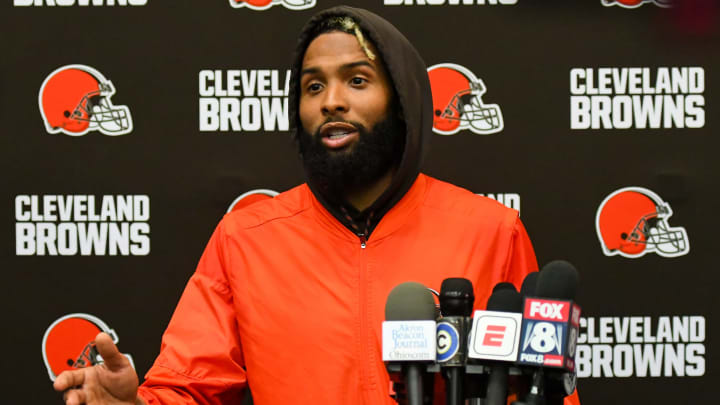 BEREA, OH – JUNE 5, 2019: Wide receiver Odell Beckham Jr.#13 of the Cleveland Browns speaks during a press conference after a mandatory mini camp practice on June 5, 2019 at the Cleveland Browns training facility in Berea, Ohio. (Photo by: 2019 Nick Cammett/Diamond Images/Getty Images)