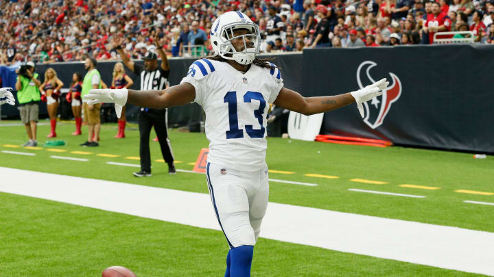 HOUSTON, TX – NOVEMBER 05: T.Y. Hilton #13 of the Indianapolis Colts celebrates a touchdown reception against the Houston Texans in the third quarter at NRG Stadium on November 5, 2017 in Houston, Texas. (Photo by Bob Levey/Getty Images)