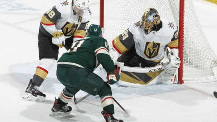 SAINT PAUL, MN - FEBRUARY 11: Zach Parise #11 of the Minnesota Wild scores a goal against Nate Schmidt #88 and Marc-Andre Fleury #29 of the Vegas Golden Knights during the game at the Xcel Energy Center on February 11, 2019 in Saint Paul, Minnesota. (Photo by Bruce Kluckhohn/NHLI via Getty Images)