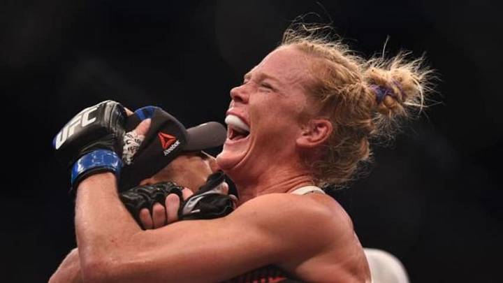 Nov 15, 2015; Melbourne, Australia; Holly Holm (blue gloves) celebrates after defeating Ronda Rousey (not pictured) during UFC 193 at Etihad Stadium. Mandatory Credit: Matt Roberts-USA TODAY Sports