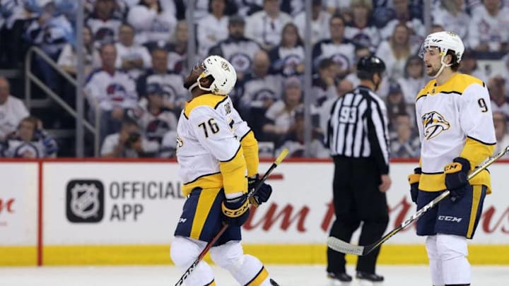 WINNIPEG, MANITOBA - MAY 3: P.K. Subban #76 of the Nashville Predators celebrates his goal against the Winnipeg Jets in Game Four of the Western Conference Second Round during the 2018 NHL Stanley Cup Playoffs on May 3, 2018 at Bell MTS Place in Winnipeg, Manitoba, Canada. (Photo by Jason Halstead /Getty Images)