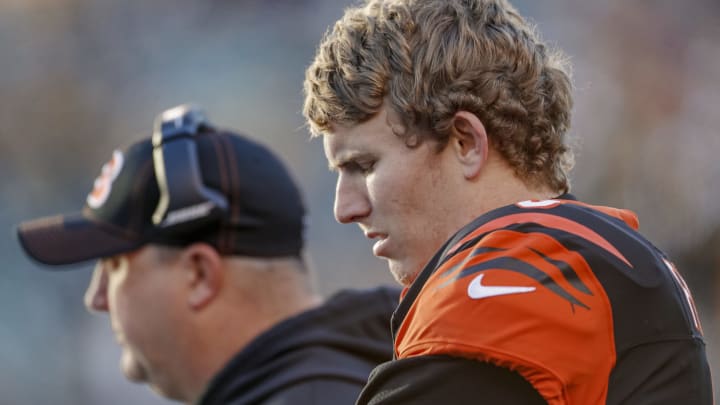 CINCINNATI, OH – NOVEMBER 24: Ryan Finley #5 of the Cincinnati Bengals is seen on the bench area late in the game against the Pittsburgh Steelers at Paul Brown Stadium on November 24, 2019 in Cincinnati, Ohio. (Photo by Michael Hickey/Getty Images)