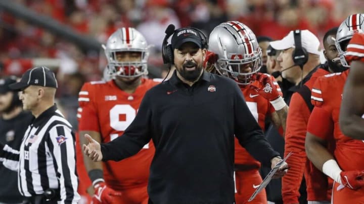 Ohio State Buckeyes head coach Ryan Day walks the sideline during the second quarter of the NCAA football game against the Penn State Nittany Lions at Ohio Stadium in Columbus on Saturday, Oct. 30, 2021.Penn State At Ohio State Football