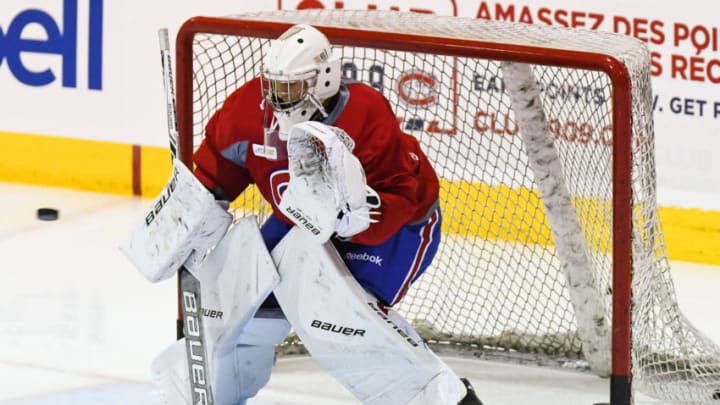 BROSSARD, QC - JULY 03: Montreal Canadiens Rookie goalie Cayden Primeau (39) waiting for a shot during the Montreal Canadiens Development Camp on July 3, 2017, at Bell Sports Complex in Brossard, QC (Photo by David Kirouac/Icon Sportswire via Getty Images)