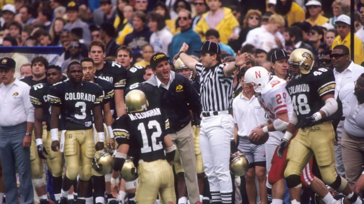 BOULDER,CO – 1990: Head coach Bill McCartney of the Colorado Buffaloes yells from the sidelines during a game against Nebraska Cornhuskers. Bill McCartney was head coach from 1982 to 1994. (Photo by: Getty Images)