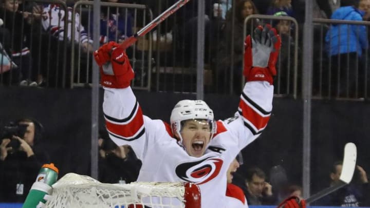 NEW YORK, NY - DECEMBER 03: Jeff Skinner #53 of the Carolina Hurricanes celebrates a goal by Victor Rask #49 (not shown) at 6:36 of the third period against Henrik Lundqvist #30 of the New York Rangers at Madison Square Garden on December 3, 2016 in New York City. The Rangers defeated the Hurricanes 4-2. (Photo by Bruce Bennett/Getty Images)