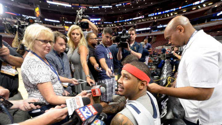 CHICAGO, IL - JULY 28: Carmelo Anthony #15 of the USA Basketball Men's National Team is interviewed during a practice for the USA Basketball Men's National Team July 28, 2016 at the United Center in Chicago, Illinois. NOTE TO USER: User expressly acknowledges and agrees that, by downloading and/or using this photograph, user is consenting to the terms and conditions of the Getty Images License Agreement. Mandatory Copyright Notice: Copyright 2016 NBAE (Photo by Randy Belice/NBAE via Getty Images)