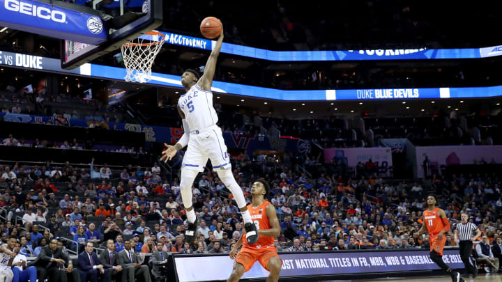 CHARLOTTE, NORTH CAROLINA – MARCH 14: RJ Barrett #5 of the Duke Blue Devils dunks the ball against the Syracuse Orange during their game in the quarterfinal round of the 2019 Men’s ACC Basketball Tournament at Spectrum Center on March 14, 2019 in Charlotte, North Carolina. (Photo by Streeter Lecka/Getty Images)