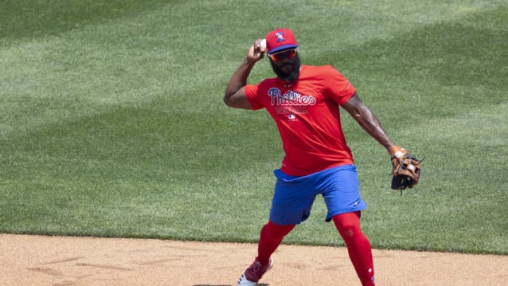 PHILADELPHIA, PA - JULY 03: Josh Harrison #7 of the Philadelphia Phillies throws the ball to first base during summer workouts at Citizens Bank Park on July 3, 2020 in Philadelphia, Pennsylvania. (Photo by Mitchell Leff/Getty Images)