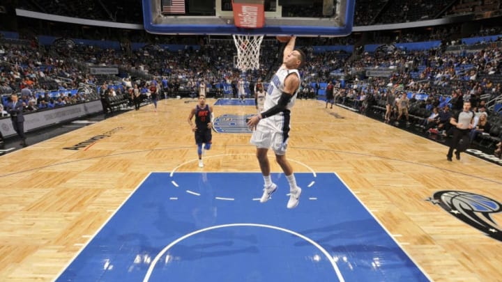 ORLANDO, FL - NOVEMBER 29: Aaron Gordon #00 of the Orlando Magic dunks the ball against the Oklahoma City Thunder on November 29, 2017 at Amway Center in Orlando, Florida. NOTE TO USER: User expressly acknowledges and agrees that, by downloading and/or using this photograph, user is consenting to the terms and conditions of the Getty Images License Agreement. Mandatory Copyright Notice: Copyright 2017 NBAE (Photo by Fernando Medina/NBAE via Getty Images)