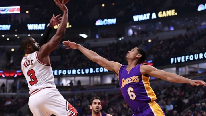 Nov 30, 2016; Chicago, IL, USA; Chicago Bulls guard Dwyane Wade (3) shoots the ball against Los Angeles Lakers guard Jordan Clarkson (6) during the first half at the United Center. Mandatory Credit: Mike DiNovo-USA TODAY Sports
