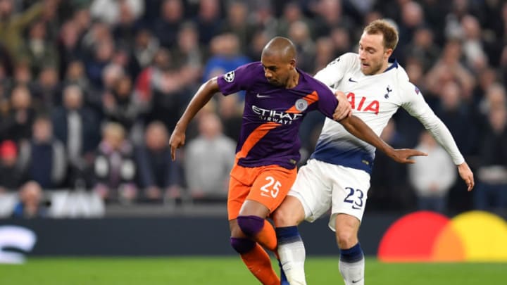 LONDON, ENGLAND - APRIL 09: Fernandinho of Manchester City tackles Christian Eriksen of Tottenham Hotspur during the UEFA Champions League Quarter Final first leg match between Tottenham Hotspur and Manchester City at Tottenham Hotspur Stadium on April 09, 2019 in London, England. (Photo by Justin Setterfield/Getty Images)