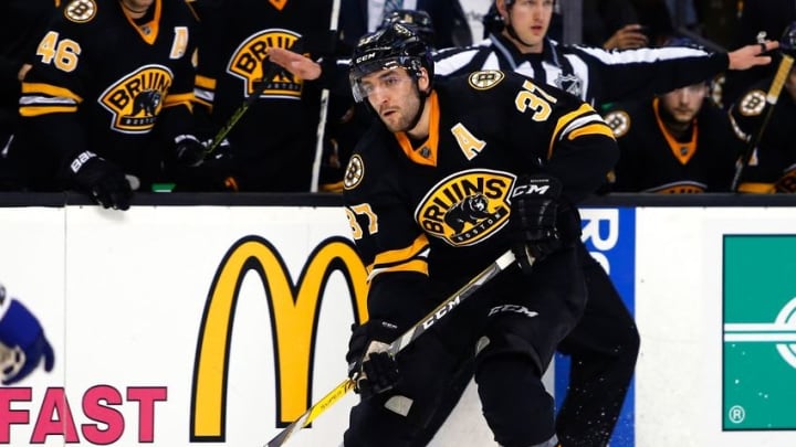 Feb 28, 2016; Boston, MA, USA; Boston Bruins center Patrice Bergeron (37) during the second period against the Tampa Bay Lightning at TD Garden. Mandatory Credit: Winslow Townson-USA TODAY Sports