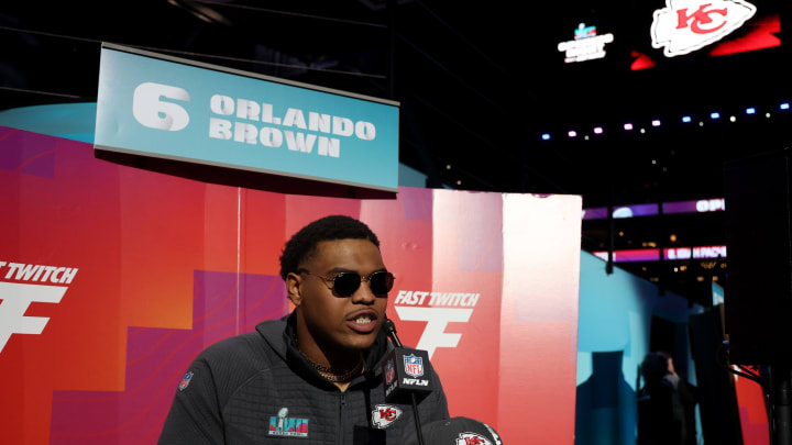 PHOENIX, ARIZONA – FEBRUARY 06: Orlando Brown Jr. #57 of the Kansas City Chiefs speaks to the media during Super Bowl LVII Opening Night presented by Fast Twitch at Footprint Center on February 06, 2023 in Phoenix, Arizona. (Photo by Rob Carr/Getty Images)