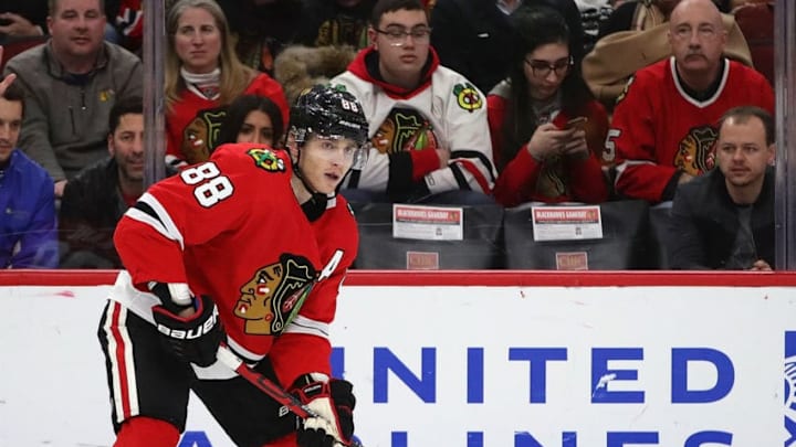 CHICAGO, ILLINOIS - DECEMBER 27: Patrick Kane #88 of the Chicago Blackhawks looks to pass against the New York Islanders at the United Center on December 27, 2019 in Chicago, Illinois. The Blackhawks defeated the Islanders 5-2. (Photo by Jonathan Daniel/Getty Images)