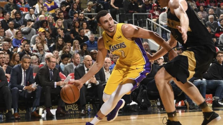 TORONTO, CANADA - JANUARY 28: Larry Nance Jr. #7 of the Los Angeles Lakers handles the ball against the Toronto Raptors on January 28, 2018 at the Air Canada Centre in Toronto, Ontario, Canada. NOTE TO USER: User expressly acknowledges and agrees that, by downloading and or using this Photograph, user is consenting to the terms and conditions of the Getty Images License Agreement. Mandatory Copyright Notice: Copyright 2018 NBAE (Photo by Ron Turenne/NBAE via Getty Images)