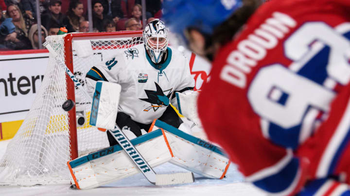 MONTREAL, QC - DECEMBER 02: Montreal Canadiens center Jonathan Drouin (92) shoots on San Jose Sharks goaltender Martin Jones (31) net during the second period of the NHL game between the San Jose Sharks and the Montreal Canadiens on December 02, 2018, at the Bell Centre in Montreal, QC (Photo by Vincent Ethier/Icon Sportswire via Getty Images)