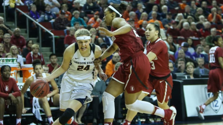 SEATTLE, WA – MARCH 05: Oregon State Beavers Sydney Wiese drives the baseline during the women’s Pac 12 college tournament championship game between the Oregon State Beavers and the Stanford Cardinal on March 5th, 2017, at the Key Arena in Seattle, WA. (Photo by Aric Becker/Icon Sportswire via Getty Images)