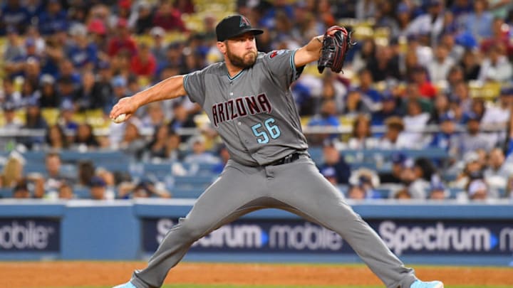LOS ANGELES, CA - JULY 02: Arizona Diamondbacks pitcher Greg Holland (56) throws a pitch during a MLB game between the Arizona Diamondback and the Los Angeles Dodgers on July 2, 2019 at Dodger Stadium in Los Angeles, CA. (Photo by Brian Rothmuller/Icon Sportswire via Getty Images)