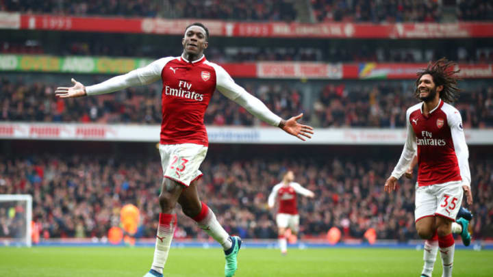 LONDON, ENGLAND - APRIL 08: Danny Welbeck of Arsenal celebrates with team mate Mohamed Elneny of Arsenal after scoring his sides second goal during the Premier League match between Arsenal and Southampton at Emirates Stadium on April 8, 2018 in London, England. (Photo by Julian Finney/Getty Images)
