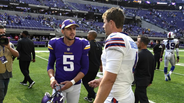 MINNEAPOLIS, MN - SEPTEMBER 23: Dan Bailey #5 of the Minnesota Vikings greets Stephen Hauschka #4 of the Buffalo Bills after the game at U.S. Bank Stadium on September 23, 2018 in Minneapolis, Minnesota. The Bills defeated the Vikings 27-6. (Photo by Hannah Foslien/Getty Images)