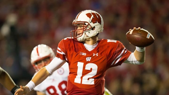 Oct 29, 2016; Madison, WI, USA; Wisconsin Badgers quarterback Alex Hornibrook (12) during the game against the Nebraska Cornhuskers at Camp Randall Stadium. Wisconsin won 23-17. Mandatory Credit: Jeff Hanisch-USA TODAY Sports