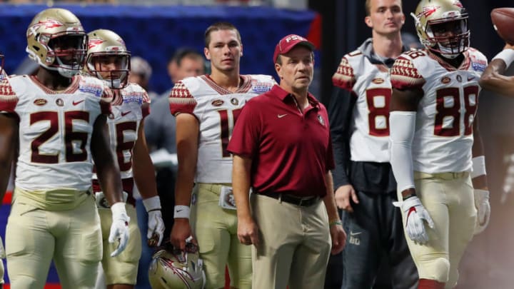 ATLANTA, GA - SEPTEMBER 02: Head coach Jimbo Fisher of the Florida State Seminoles looks on during warm ups prior to their game against the Alabama Crimson Tide at Mercedes-Benz Stadium on September 2, 2017 in Atlanta, Georgia. (Photo by Kevin C. Cox/Getty Images)