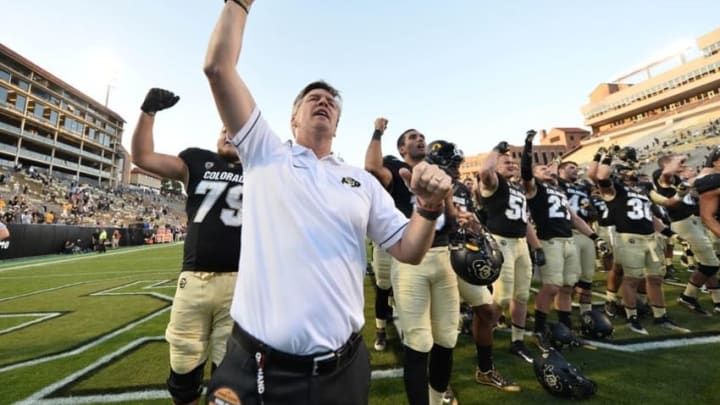 Sep 10, 2016; Boulder, CO, USA; Colorado Buffaloes head coach Mike MacIntyre celebrates the win over the Idaho State Bengals at Folsom Field. The Buffaloes defeated the Bengals 56-7. Mandatory Credit: Ron Chenoy-USA TODAY Sports