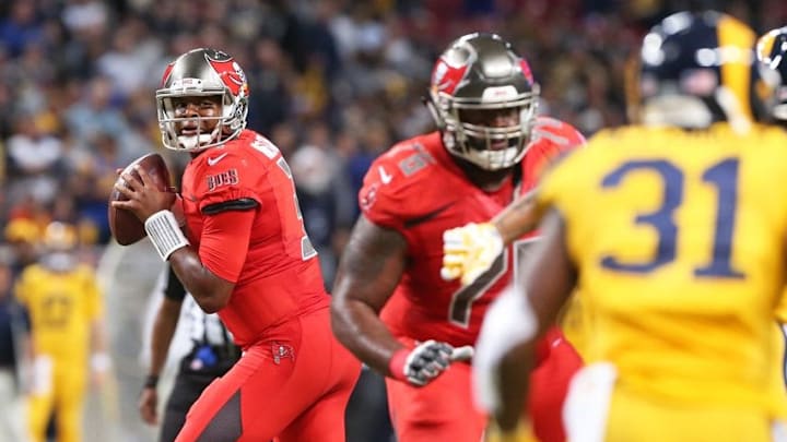 Dec 17, 2015 St. Louis, MO, USA; Tampa Bay Buccaneers quarterback Jameis Winston (3) against the St. Louis Rams at the Edward Jones Dome. The Rams won 31-23. Mandatory Credit: Aaron Doster-USA TODAY Sports