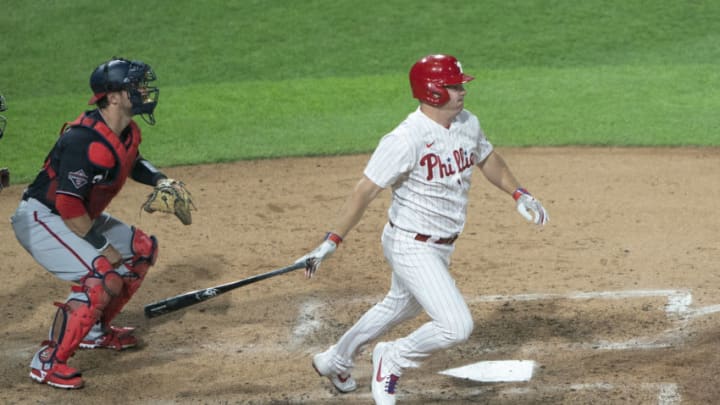 Sep 1, 2020; Philadelphia, Pennsylvania, USA; Philadelphia Phillies left fielder Jay Bruce (9) hits a single during the sixth inning against the Washington Nationals at Citizens Bank Park. Mandatory Credit: Gregory Fisher-USA TODAY Sports