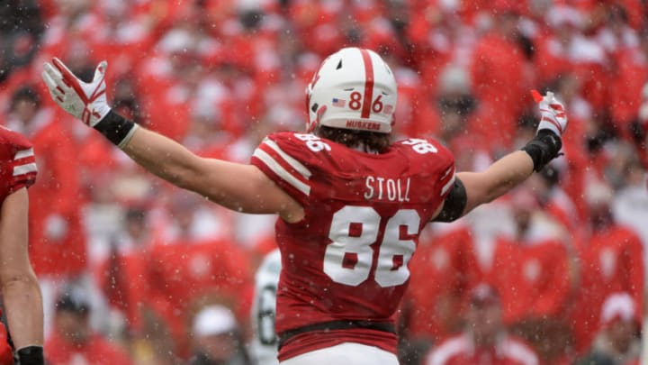 LINCOLN, NE - NOVEMBER 17: Tight end Jack Stoll #86 of the Nebraska Cornhuskers signals to the fans during the game against the Michigan State Spartans at Memorial Stadium on November 17, 2018 in Lincoln, Nebraska. (Photo by Steven Branscombe/Getty Images)
