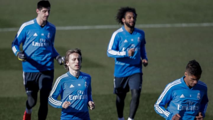 MADRID, SPAIN - FEBRUARY 5: (L-R) Thibaut Courtois of Real Madrid, Luka Modric of Real Madrid, Marcelo of Real Madrid, Raphael Varane of Real Madrid during the Training Real Madrid at the Ciudad deportiva de Valdebebas on February 5, 2019 in Madrid Spain (Photo by David S. Bustamante/Soccrates/Getty Images)