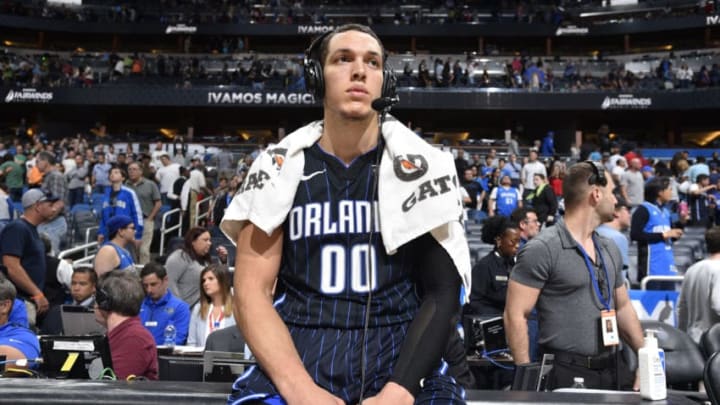 ORLANDO, FL - MARCH 2: Aaron Gordon #00 of the Orlando Magic speaks to media after game against the Detroit Pistons on March 2, 2018 at Amway Center in Orlando, Florida. NOTE TO USER: User expressly acknowledges and agrees that, by downloading and or using this photograph, User is consenting to the terms and conditions of the Getty Images License Agreement. Mandatory Copyright Notice: Copyright 2018 NBAE (Photo by Fernando Medina/NBAE via Getty Images)