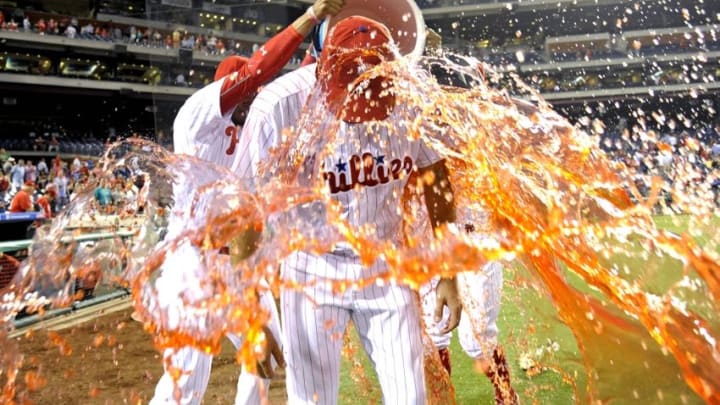 Teammates Dump Powerade on Eflin After His First MLB Victory. Photo by Eric Hartline - USA TODAY Sports.