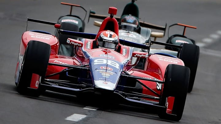 FORT WORTH, TX - JUNE 09: Alexander Rossi, driver of the #98 Andretti Autosport/Curb Honda, leads JR Hildebrand, driver of the #21 Fuzzy's Vodka Ed Carpenter Racing Chevrolet, during practice for the Verizon IndyCar Series Rainguard Water Sealers 600 at Texas Motor Speedway on June 9, 2017 in Fort Worth, Texas. (Photo by Brian Lawdermilk/Getty Images)