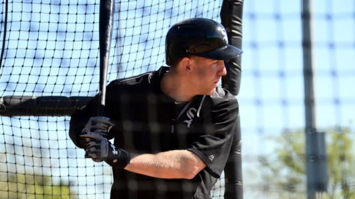 Feb 25, 2016; Glendale, AZ, USA; Chicago White Sox third baseman Todd Frazier (21) takes batting practice during a workout at Camelback Ranch Practice Fields. Mandatory Credit: Joe Camporeale-USA TODAY Sports