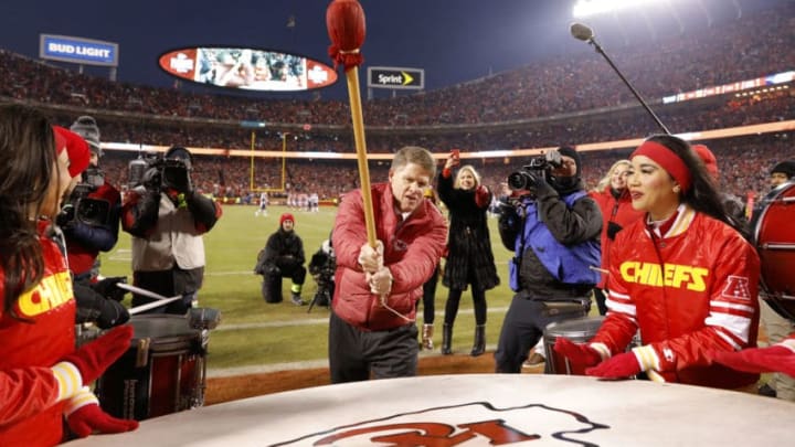 KANSAS CITY, MISSOURI - JANUARY 20: Kansas City Chiefs owner Clark Hunt bangs the drum before the AFC Championship Game against the New England Patriots at Arrowhead Stadium on January 20, 2019 in Kansas City, Missouri. (Photo by David Eulitt/Getty Images)