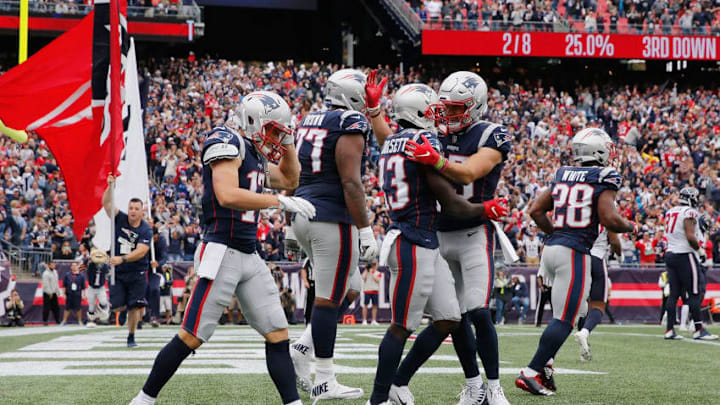 FOXBOROUGH, MA - SEPTEMBER 09: Phillip Dorsett #13 of the New England Patriots celebrates with teammates after scoring a touchdown during the second quarter against the Houston Texans at Gillette Stadium on September 9, 2018 in Foxborough, Massachusetts. (Photo by Jim Rogash/Getty Images)