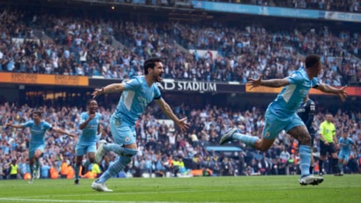 MANCHESTER, ENGLAND – MAY 22: Ilkay Gundogan of Manchester City celebrastes scoring the third and winning goal during the Premier League match between Manchester City and Aston Villa at Etihad Stadium on May 22, 2022 in Manchester, United Kingdom. (Photo by Visionhaus/Getty Images)