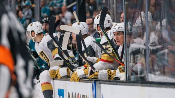 SAN JOSE, CA - APRIL 23: Vegas Golden Knights left wing Tomas Nosek (92) looks on as teammates prepare to enter the ice during Game 7, Round 1 between the Vegas Golden Knights and the San Jose Sharks on Tuesday, April 23, 2019 at the SAP Center in San Jose, California. (Photo by Douglas Stringer/Icon Sportswire via Getty Images)