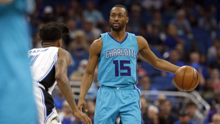 Mar 22, 2017; Orlando, FL, USA; Charlotte Hornets guard Kemba Walker (15) drives to the basket against the Orlando Magic during the first quarter at Amway Center. Mandatory Credit: Kim Klement-USA TODAY Sports