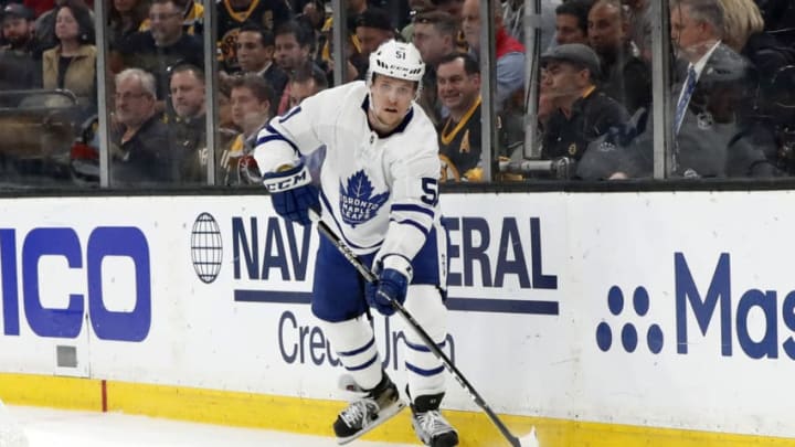 BOSTON, MA - APRIL 23: Toronto Maple Leafs defenseman Jake Gardiner (51) passes up ice during Game 7 of the 2019 First Round Stanley Cup Playoffs between the Boston Bruins and the Toronto Maple Leafs on April 23, 2019, at TD Garden in Boston, Massachusetts. (Photo by Fred Kfoury III/Icon Sportswire via Getty Images)
